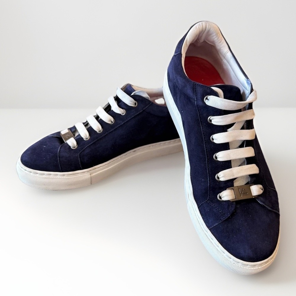 Isaia Blue Leather Suede Shoes Mens Size 8 Made In Italy Low Top Casual Sneakers